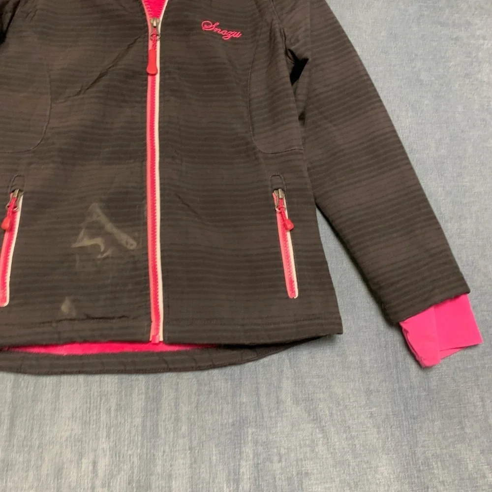 Snozu Softshell Jacket Girls S 7-8 Black Pink Sherpa Lined Hooded Thumb Holes